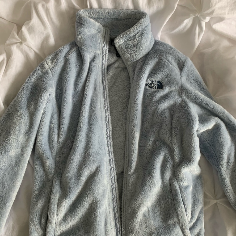 North face light blue fuzzy jacket